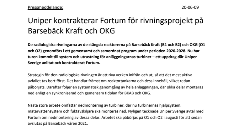 Uniper kontrakterar Fortum för rivningsprojekt på Barsebäck Kraft och OKG 