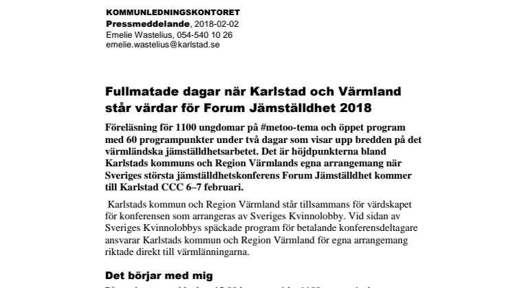 Fullmatade dagar när Karlstad och Värmland står värdar för Forum Jämställdhet 2018
