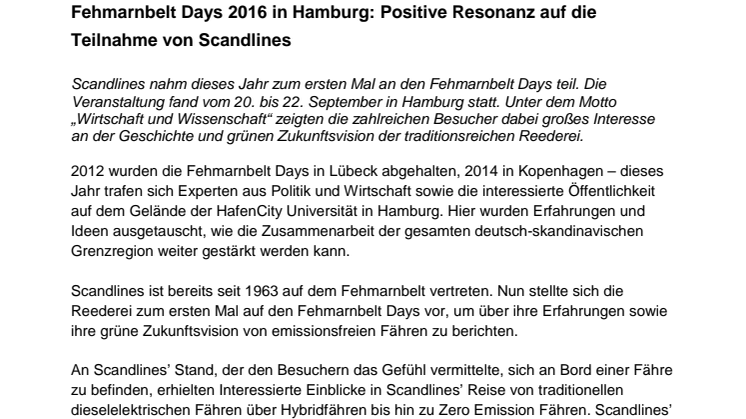 Fehmarnbelt Days 2016 in Hamburg: Positive Resonanz auf die Teilnahme von Scandlines