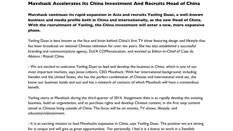 Mavshack Accelerates Its China Investment And Recruits Head of China