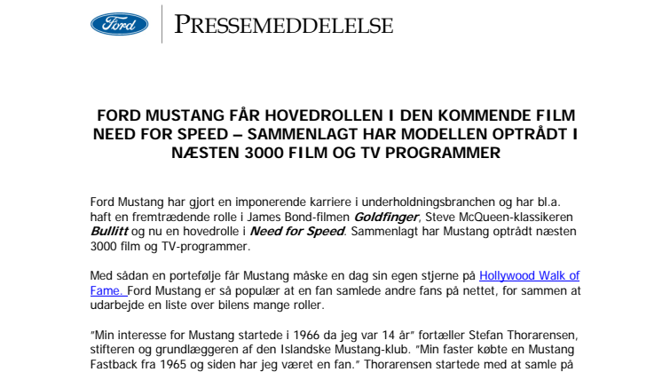 FORD MUSTANG FÅR HOVEDROLLEN I FILMEN 'NEED FOR SPEED'