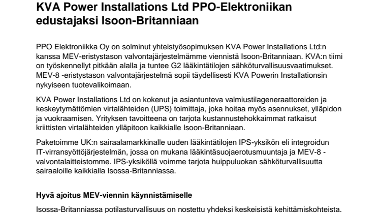 Tiedote 5.12.2019: KVA Power Installations Ltd PPO-Elektroniikan edustajaksi Isoon-Britanniaan