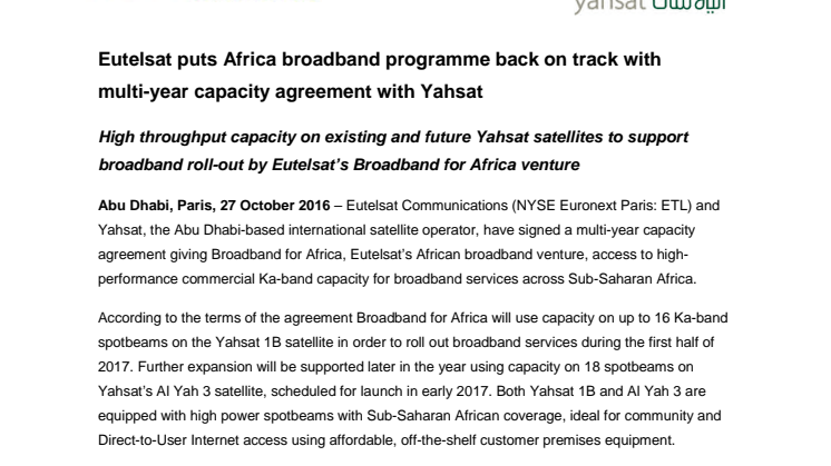Eutelsat puts Africa broadband programme back on track with  multi-year capacity agreement with Yahsat