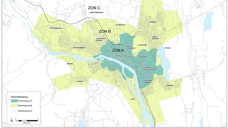 Så här ser förslaget till nya parkeringszoner ut. Zon A i centrum har blivit större, vilket innebär färre parkeringar och fler hållbara lösningar i det området.