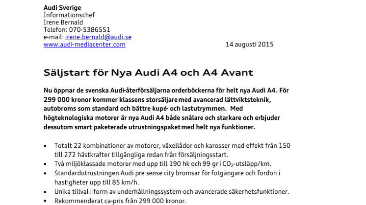 Säljstart för Nya Audi A4 och A4 Avant