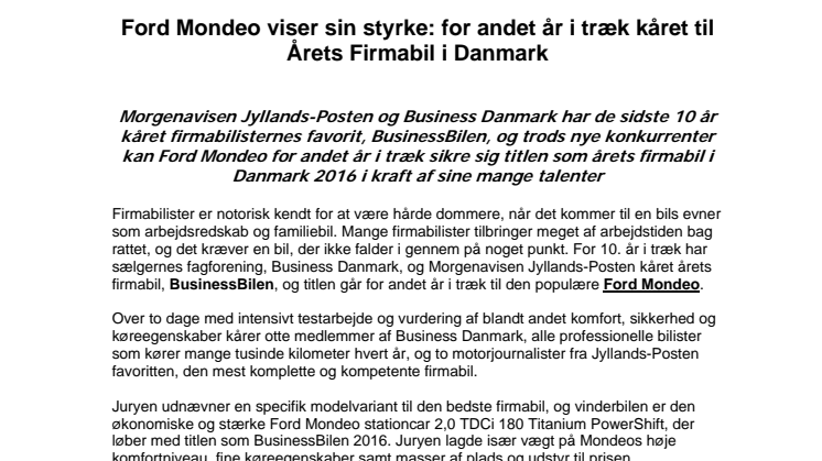 Ford Mondeo viser sin styrke: for andet år i træk kåret til Årets Firmabil i Danmark