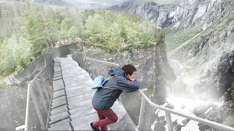 Skisse av trappebrua over Vøringsfossen. (Illustrasjon: Arkitektkontoret  Carl-Viggo Hølmebakk)