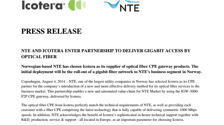 NTE and Icotera enter partnership to deliver gigabit access by optical fiber