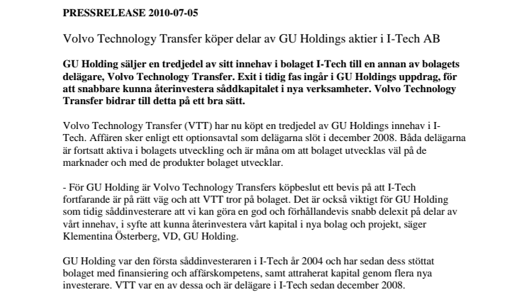 Volvo Technology Transfer köper delar av GU Holdings aktier i I-Tech AB