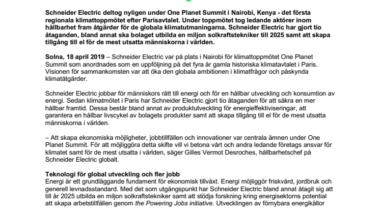 Schneider Electric gör tio åtaganden för att tackla framtidens klimatutmaningar till 2030