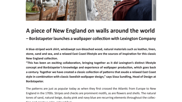 A piece of New England on walls around the world - Boråstapeter launches a wallpaper collection with Lexington Company