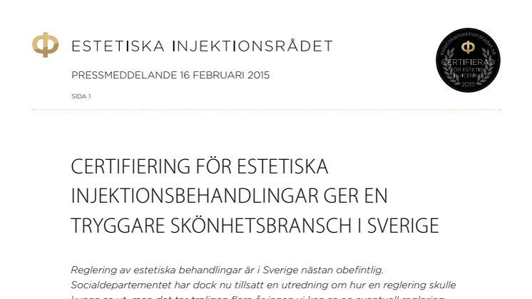 CERTIFIERING FÖR ESTETISKA INJEKTIONSBEHANDLINGAR GER EN TRYGGARE SKÖNHETSBRANSCH I SVERIGE