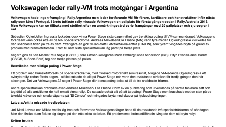 Volkswagen leder rally-VM trots motgångar i Argentina