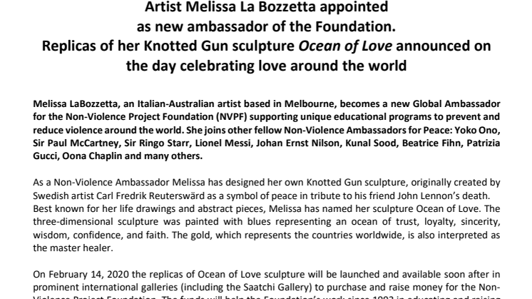 Replicas of Melissa La Bozzetta's Knotted Gun sculpture "Ocean of Love" announced on the day celebrating love around the world