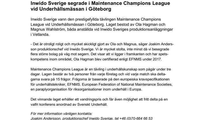 Inwido Sverige segrade i Maintenance Champions League vid Underhållsmässan i Göteborg