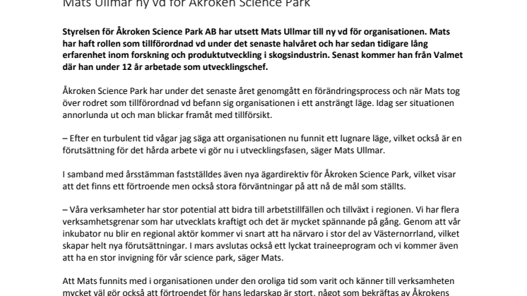 Mats Ullmar ny vd för Åkroken Science Park