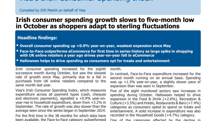 Irish consumer spending growth slows to five-month low in October as shoppers adapt to sterling fluctuations 