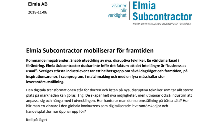 Elmia Subcontractor mobiliserar för framtiden