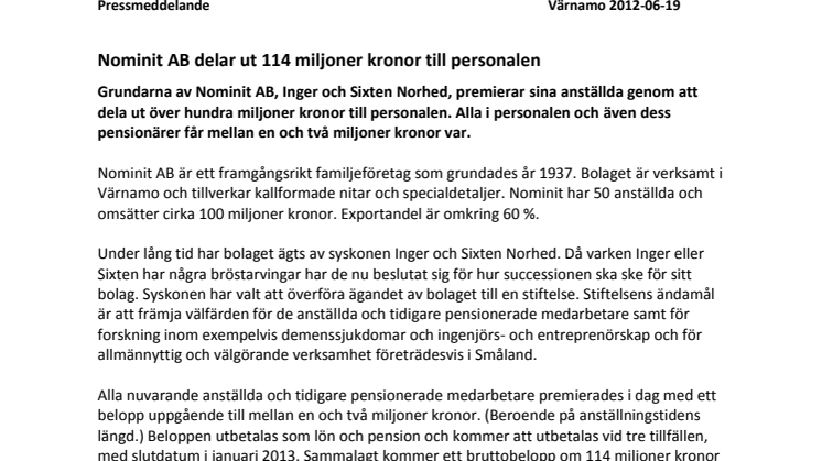 Nominit AB delar ut 114 miljoner kronor till personalen