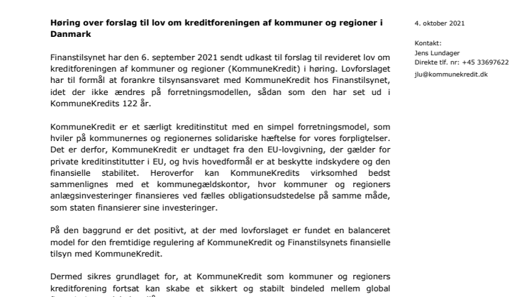 Høringssvar af 4. oktober 2021 til forslag til lov om kreditforeningen af kommuner og regioner i Danmark