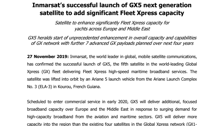 Inmarsat’s Successful Launch of GX5 Next Generation Satellite to Add Significant Fleet Xpress Capacity