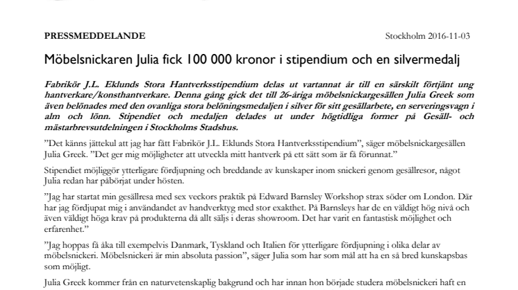 Möbelsnickaren Julia fick 100 000 kronor i stipendium och en silvermedalj