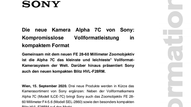 Die neue Kamera Alpha 7C von Sony: Kompromisslose Vollformatleistung in kompaktem Format