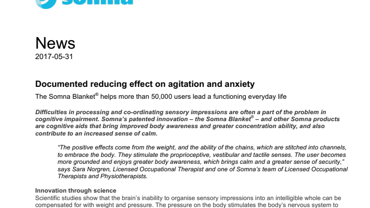 Documented reducing effect on agitation and anxiety  – The Somna® Blanket helps more than 50,000 users lead a functioning everyday life 