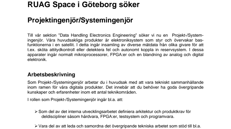 RUAG Space söker Projektingenjör/Systemingenjör