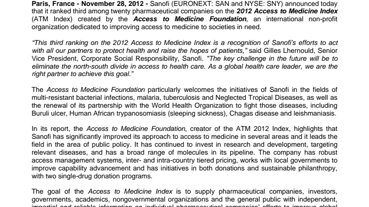 Sanofi Ranks Third on the Access to Medicine Foundation’s 2012 ATM Index