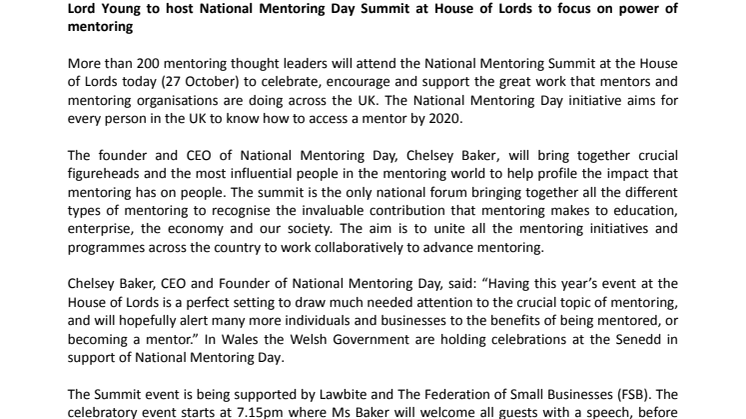 Lord Young to host National Mentoring Day Summit at House of Lords to focus on power of  mentoring