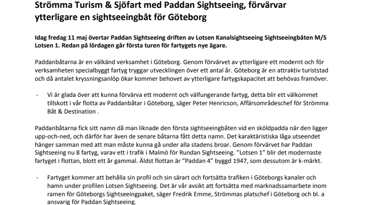Strömma Turism & Sjöfart med Paddan Sightseeing, förvärvar ytterligare en sightseeingbåt för Göteborg
