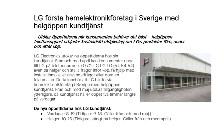 LG första hemelektronikföretag i Sverige med helgöppen kundtjänst