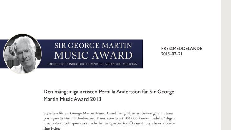 Den mångsidiga artisten Pernilla Andersson får Sir George Martin Music Award 2013