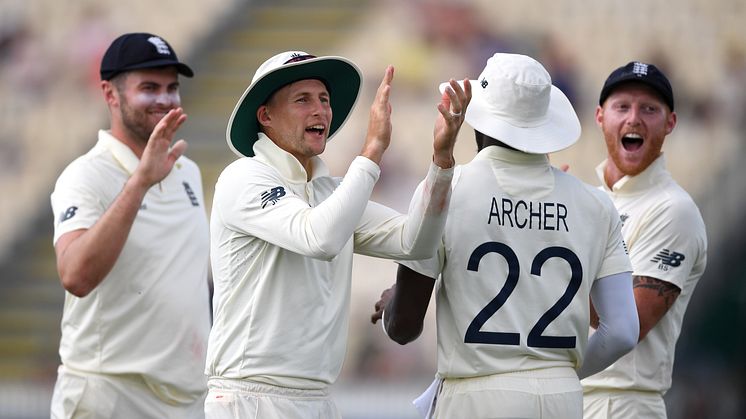 England captain Joe Root (centre) flanked by Dom Sibley, Jofra Archer and Ben Stokes (Getty Images)