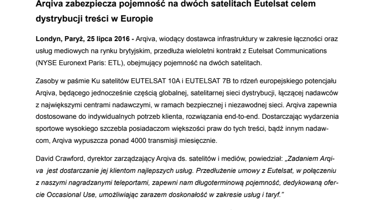Arqiva zabezpiecza pojemność na dwóch satelitach Eutelsat celem dystrybucji treści w Europie