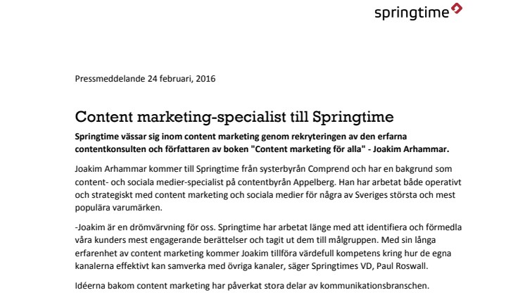 Content marketing-specialist till Springtime