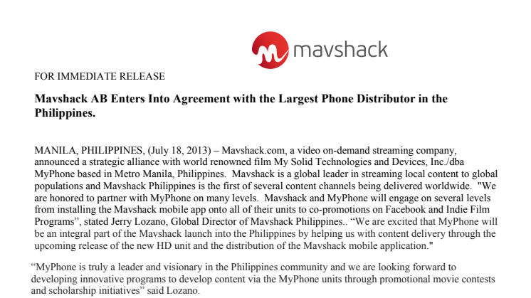 Mavshack AB Enters Into Agreement with the Largest Phone Distributor in the Philippines.