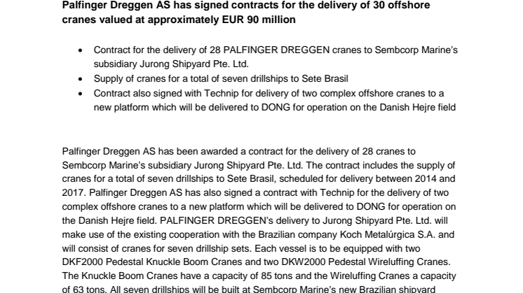 Palfinger Dreggen AS has signed contracts for the delivery of 30 offshore cranes valued at approximately EUR 90 million