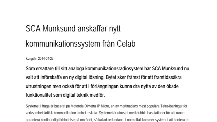 SCA Munksund anskaffar nytt kommunikationssystem från Celab