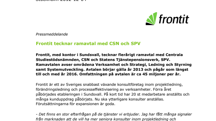 Frontit tecknar ramavtal med CSN och SPV  