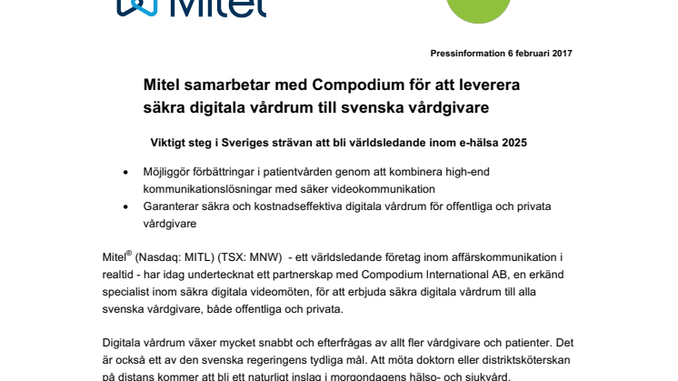 Mitel samarbetar med Compodium för att leverera säkra digitala vårdrum till svenska vårdgivare 