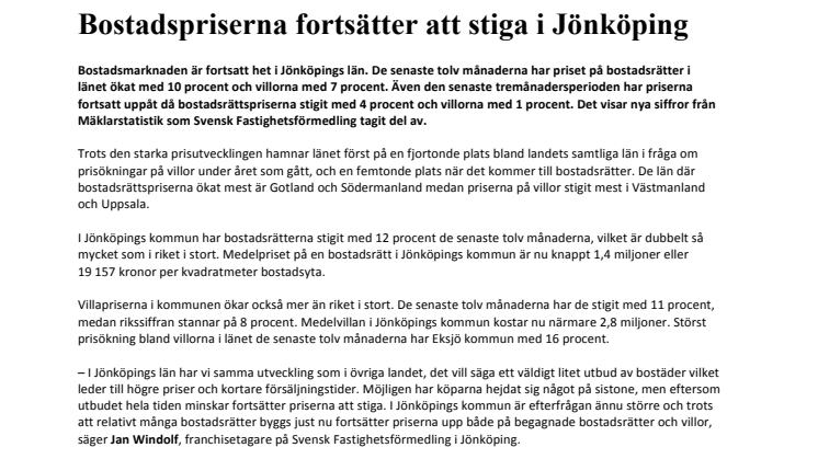 Bostadspriserna fortsätter att stiga i Jönköping