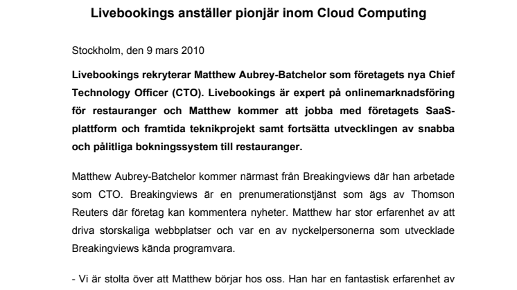 Livebookings anställer pionjär inom Cloud Computing 