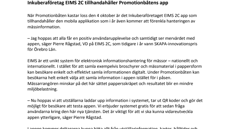 Inkuberaföretaget EIMS 2C tillhandahåller Promotionbåtens app