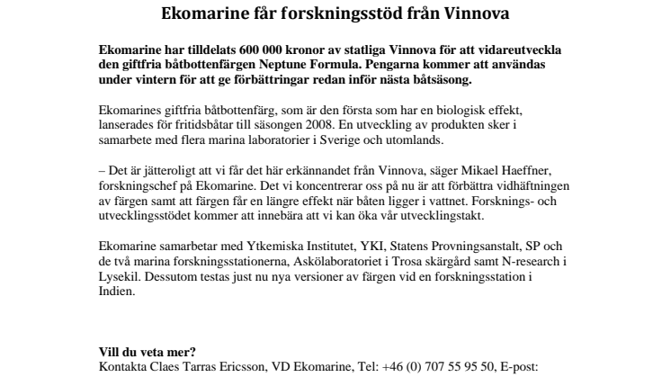 Ekomarine får forskningsstöd från Vinnova