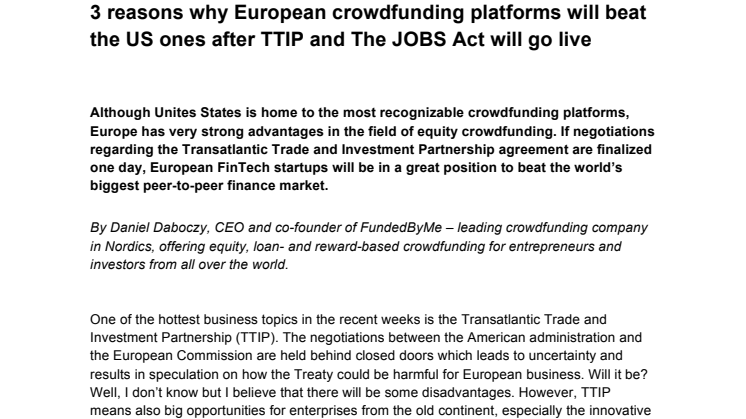 3 reasons why European crowdfunding platforms will beat the US ones after TTIP and The JOBS Act will go live