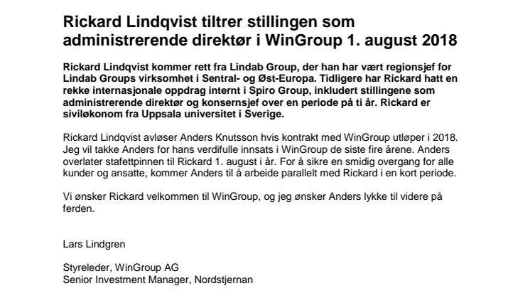 Rickard Lindqvist tiltrer stillingen som administrerende direktør i WinGroup 