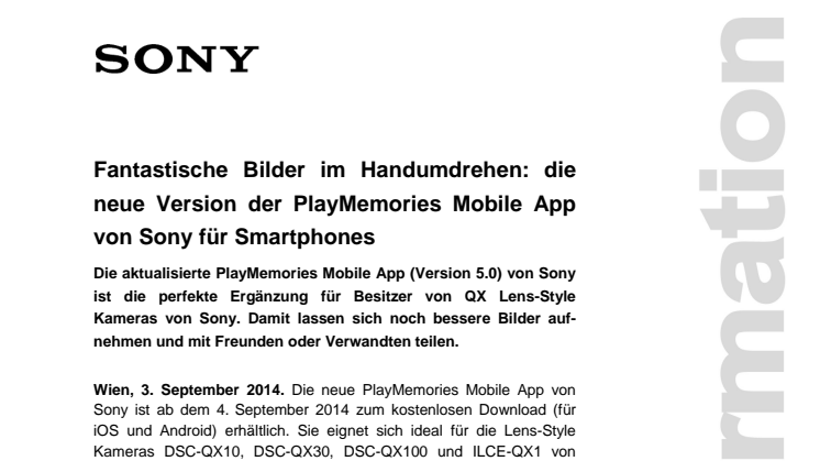 Pressemitteilung "Fantastische Bilder im Handumdrehen: die neue Version der PlayMemories Mobile App von Sony für Smartphones"