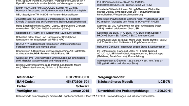 Datenblatt ILCE-7M2 von Sony